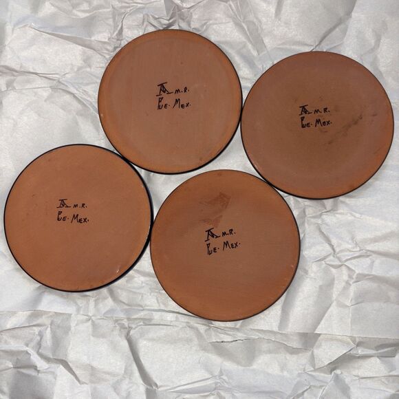 Mr Pue hand painted ceramic floral coasters set of 4 Made in Mexico blue trim - Picture 3 of 5